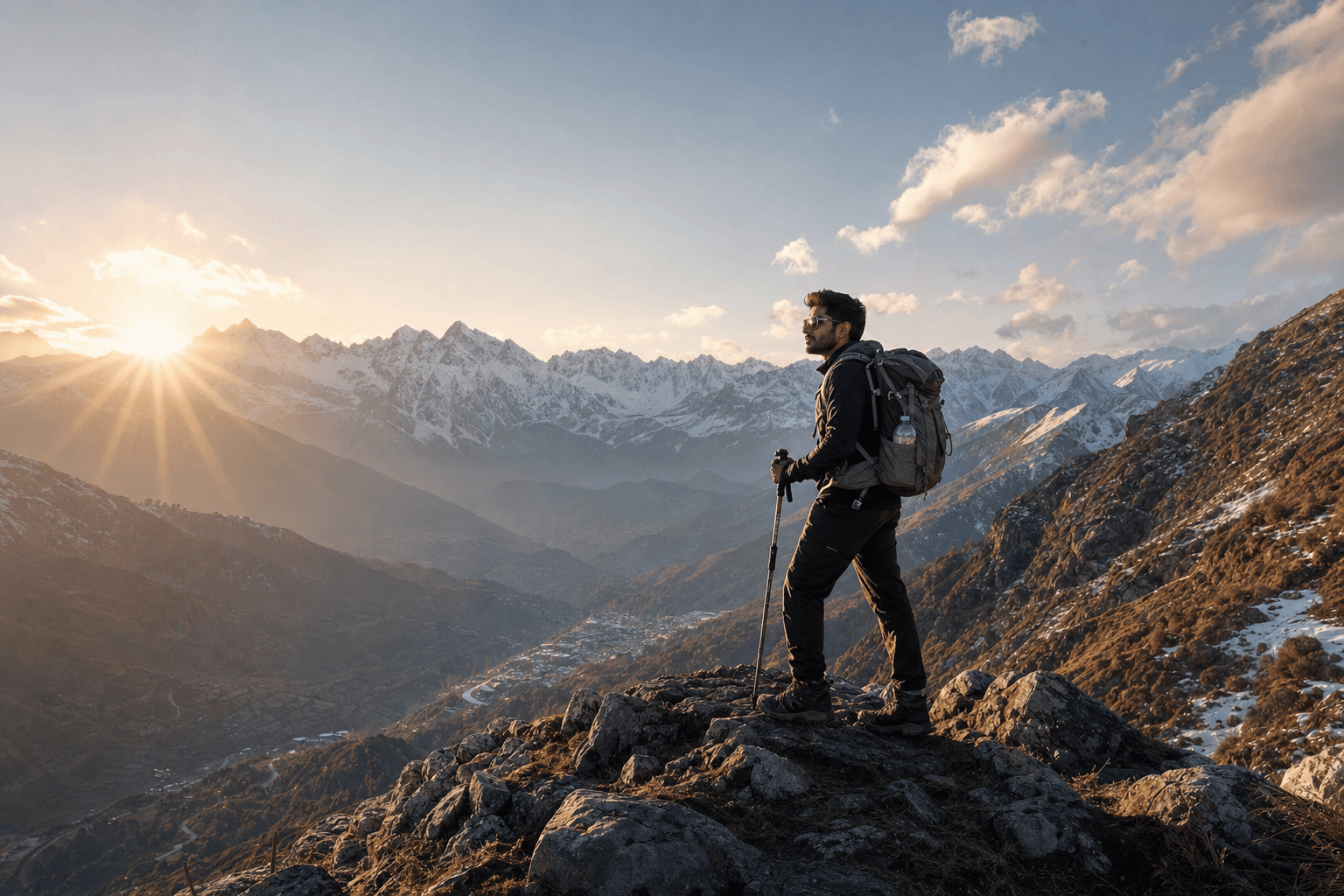 Indian trekker on dramatic Himalayan ridge with panoramic valley view at sunrise