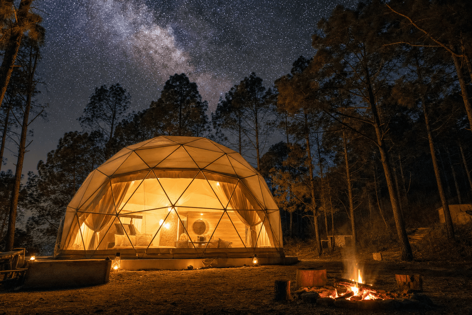 Luxury geodesic dome glowing at night under the Milky Way in Indian pine forest