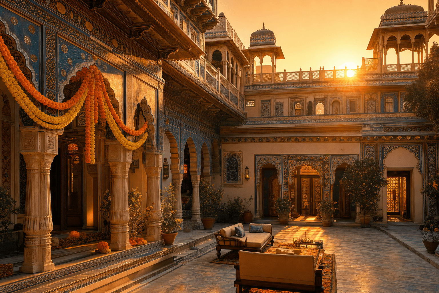 Ornate Rajasthan haveli palace courtyard with marigold garlands at sunset