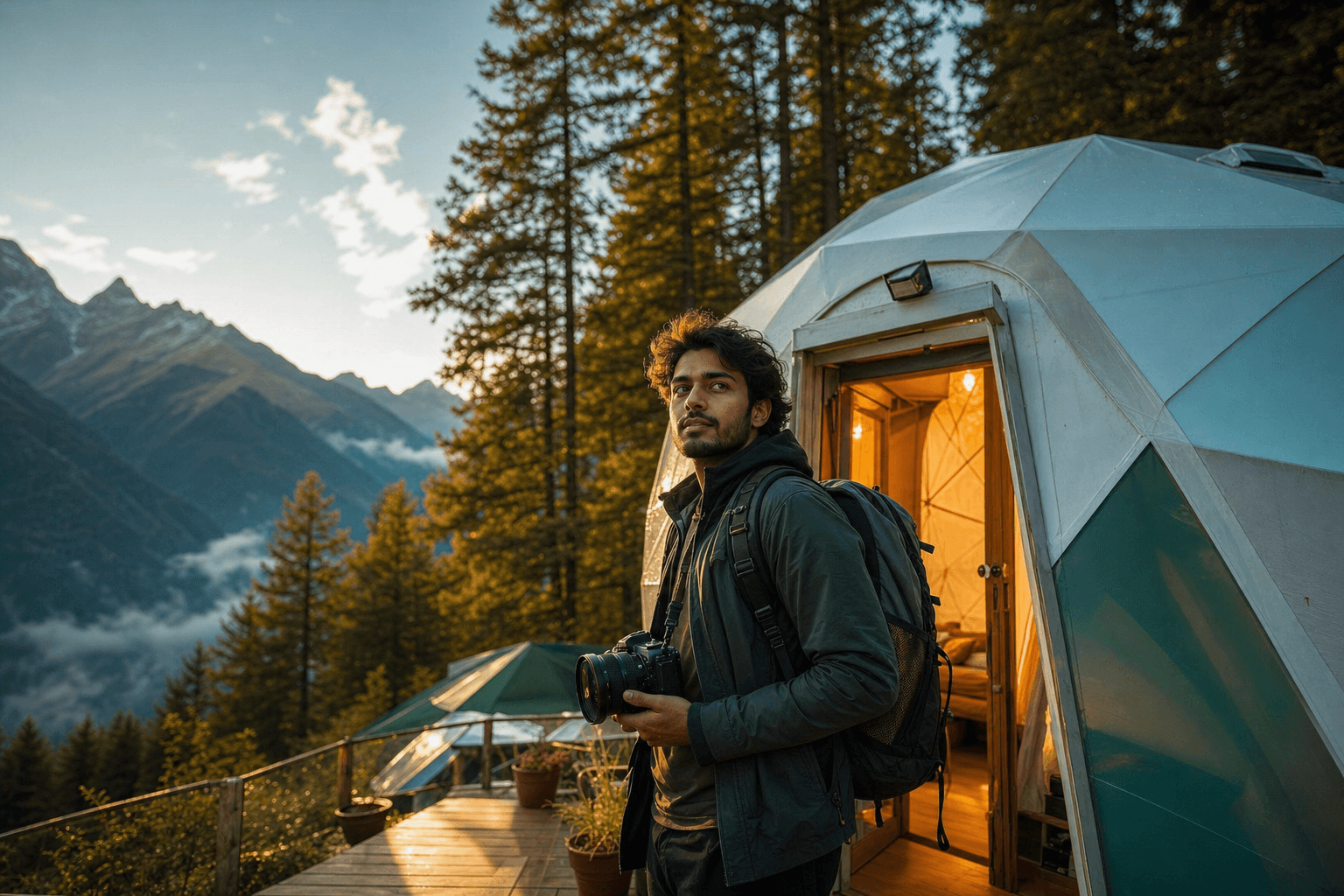 Travel creator with camera at a luxury glamping dome in the Himalayas
