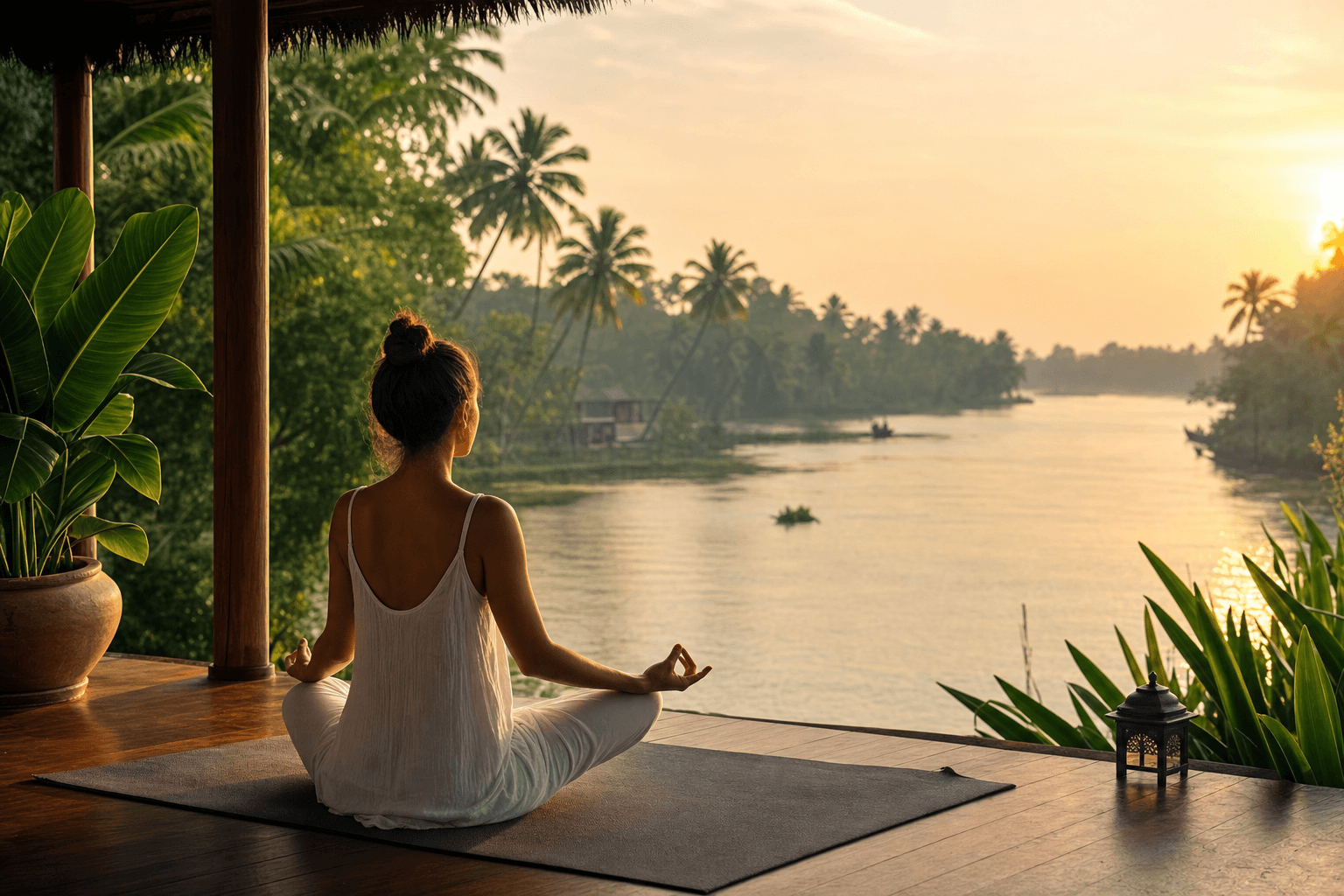 Woman meditating in lotus pose on wooden deck overlooking misty Kerala backwaters